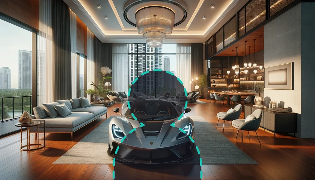 A large luxurious apartment with a sports car in the center.
