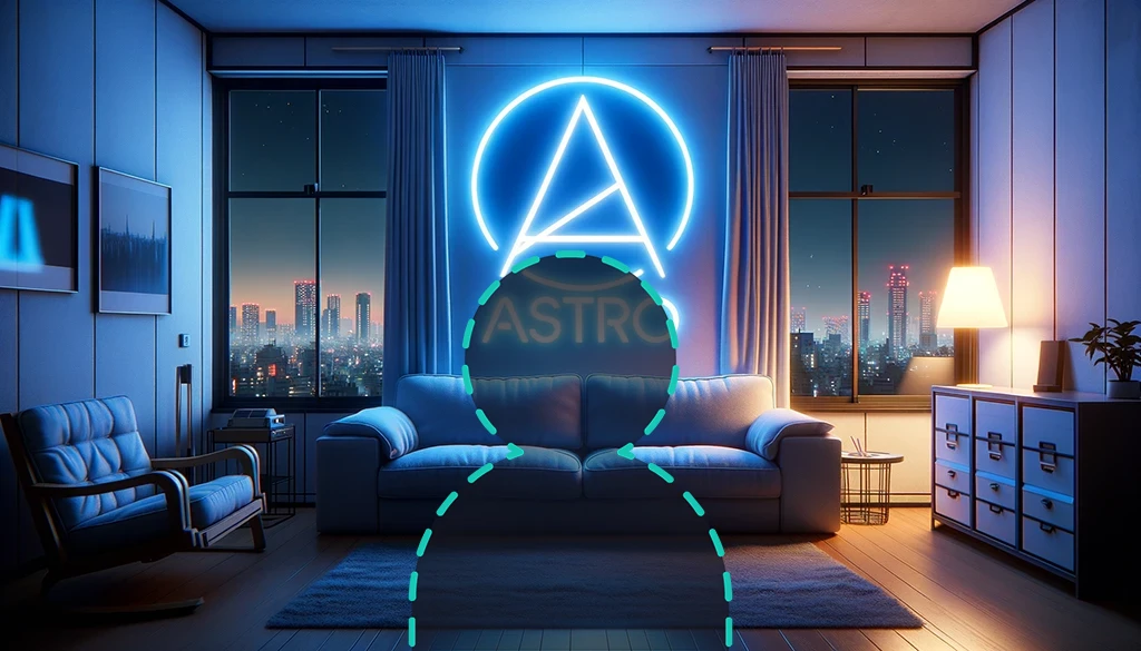 A living room in a Japanese apartment with a window on the left overlooking the city of Tokyo at night. On the back wall, I want a logo with "Astro" written in blue neon.