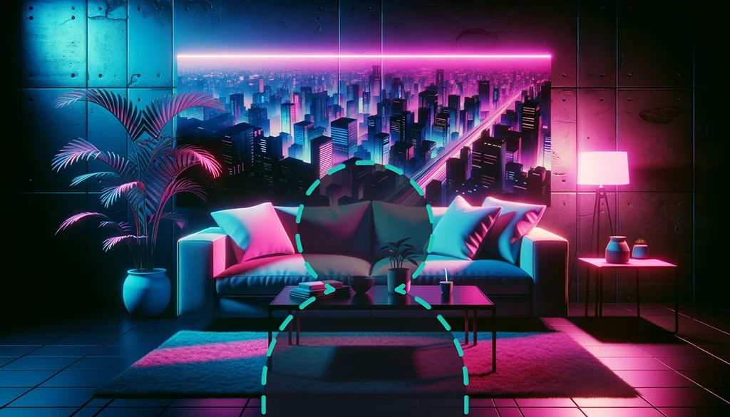 A living room with a sofa and a coffee table. Dark ambiance in a cyberpunk style, with pink and blue neon lights, reminiscent of Tokyo.
